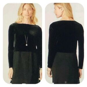 J Jill Wearever Black Velvet Knit Mixed Media High Vents Tunic Blouse Sz Medium